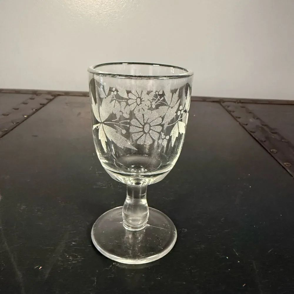 Vintage Elegant Stemware Etched Flower Glass Footed Sherry Glass - 4.5" tall